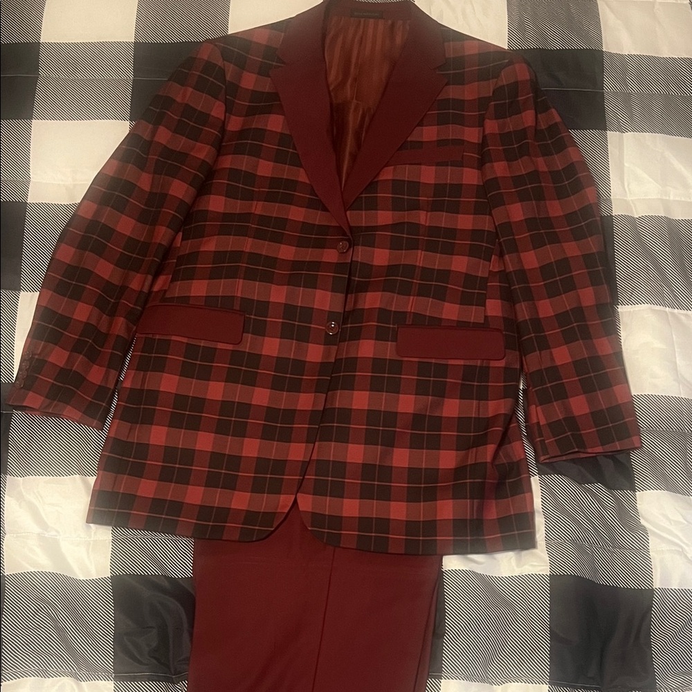 Elegant Red and Black Checkered Men's Suit